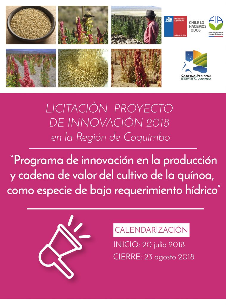Licitación Proyecto de Innovación Programa de innovación en la producción y cadena de valor del cultivo de la quínoa en la Región de Coquimbo como especie de bajo requerimiento hídrico