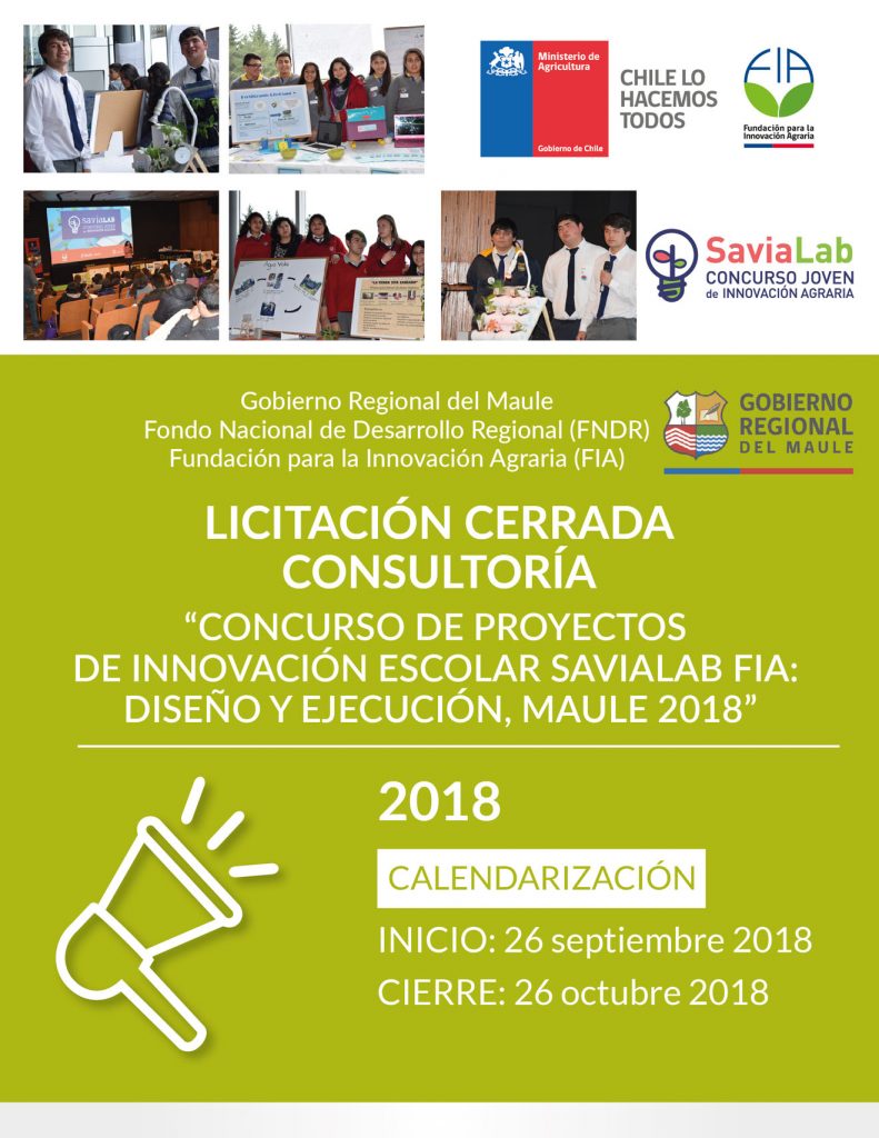 Licitación Cerrada Consultoría «Concurso de Proyectos de innovación escolar SaviaLab FIA: Diseño y Ejecución, Maule 2018»